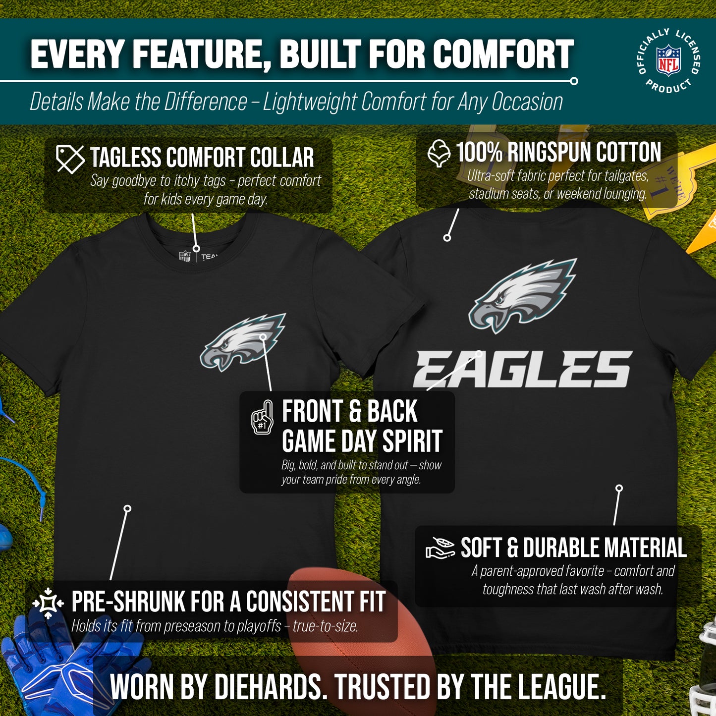 Philadelphia Eagles Team Fan Apparel NFL Youth Final Countdown Tee- Pro Football T-Shirt For Boys & Girls - Black