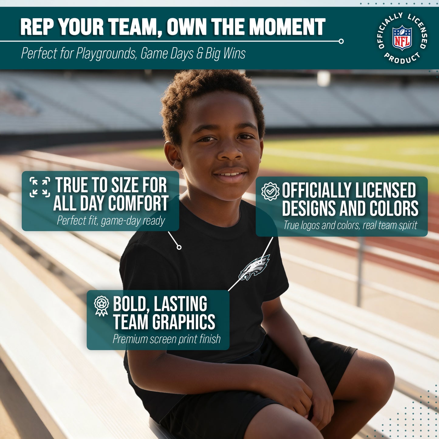 Philadelphia Eagles Team Fan Apparel NFL Youth Final Countdown Tee- Pro Football T-Shirt For Boys & Girls - Black