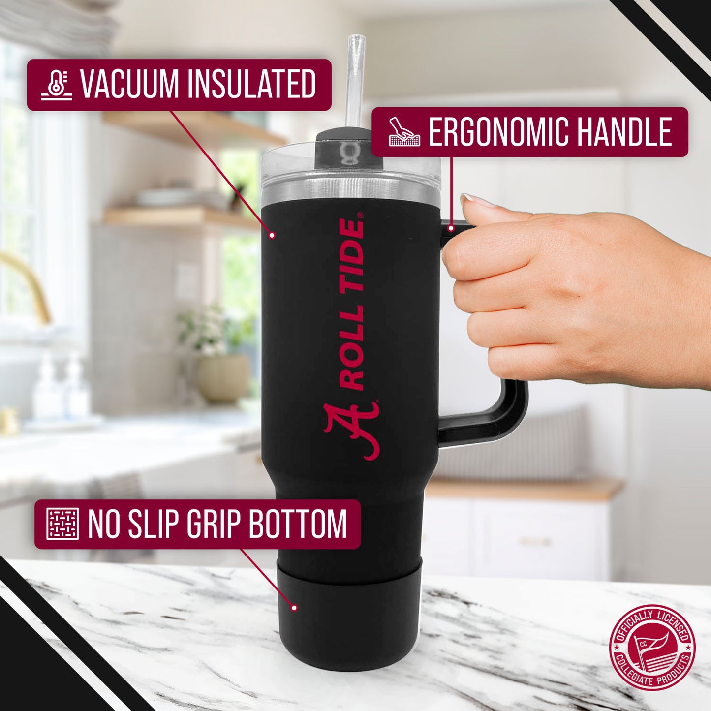 Alabama Crimson Tide College & University 40 oz Travel Tumbler With Handle - Black