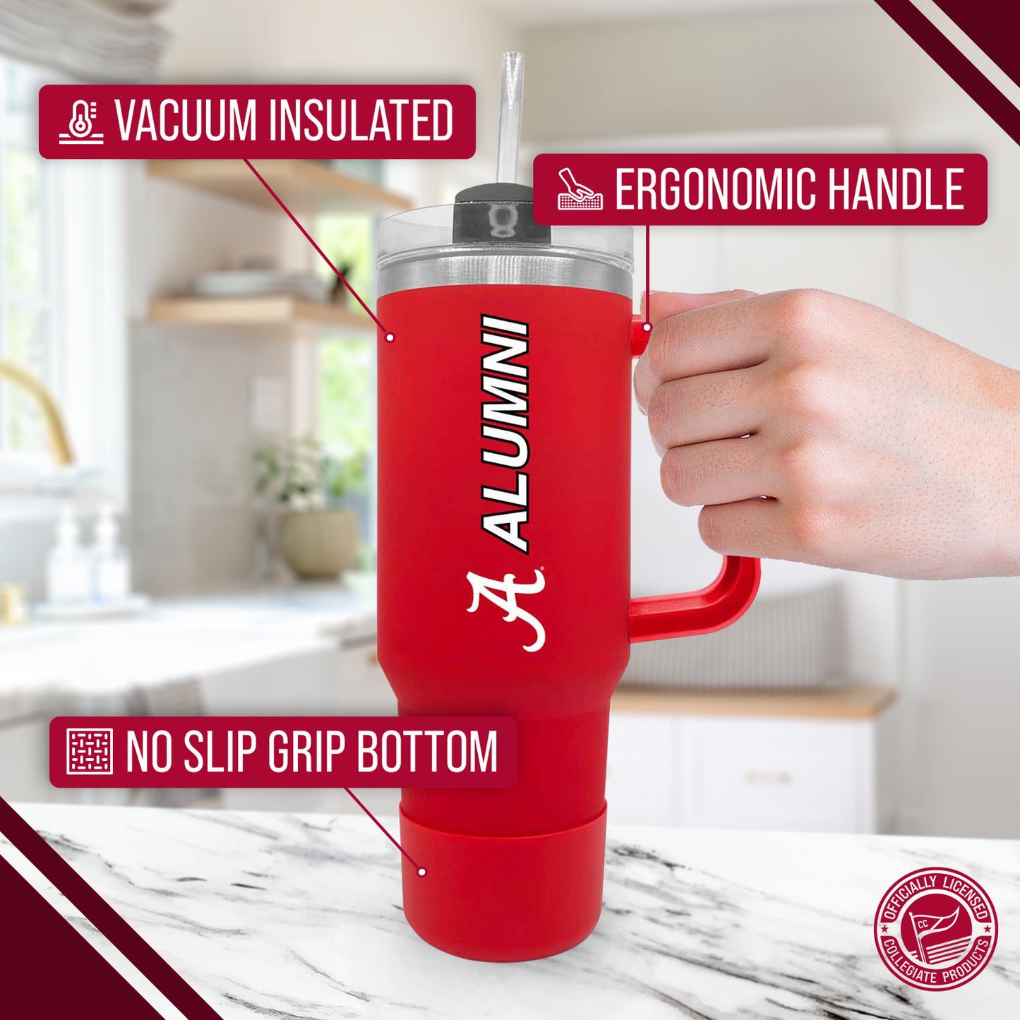 Alabama Crimson Tide Collegiate 40oz Stainless Steel Travel Tumbler with Handle for Alumni - Crimson