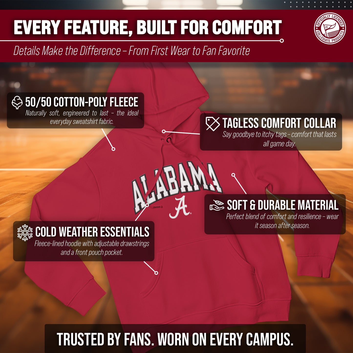 Alabama Crimson Tide NCAA Adult Tackle Twill Hooded Sweatshirt - Crimson