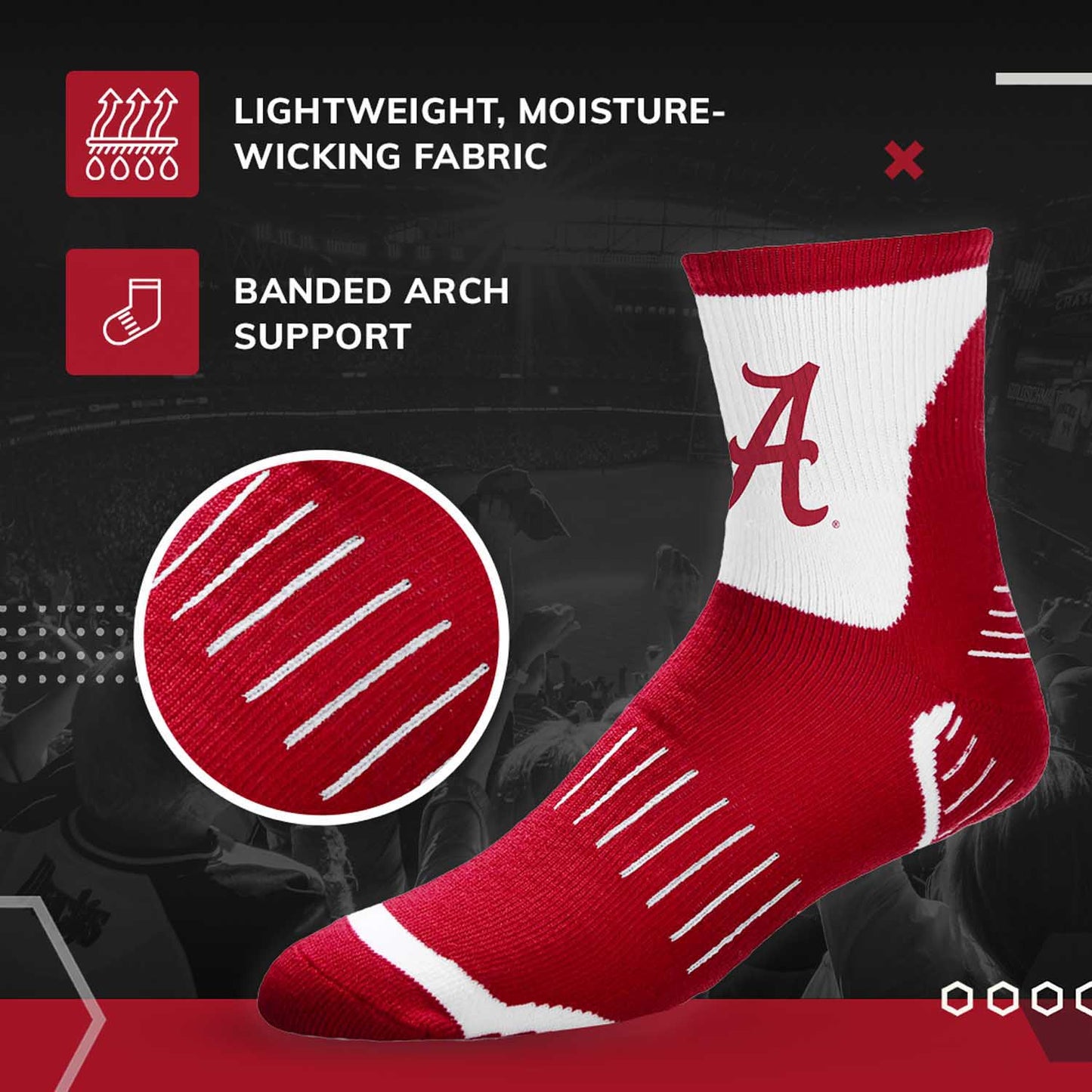 Alabama Crimson Tide Adult NCAA Surge Quarter Length Crew Socks - Crimson