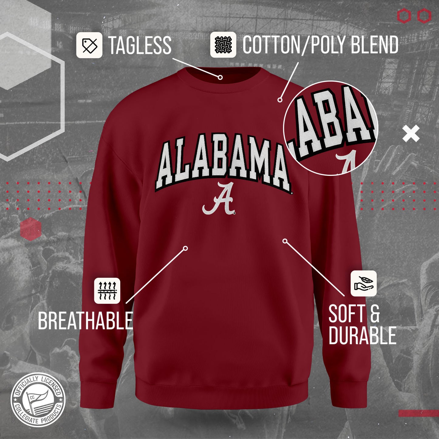 Alabama Crimson Tide NCAA Adult Tackle Twill Crewneck Sweatshirt - Crimson