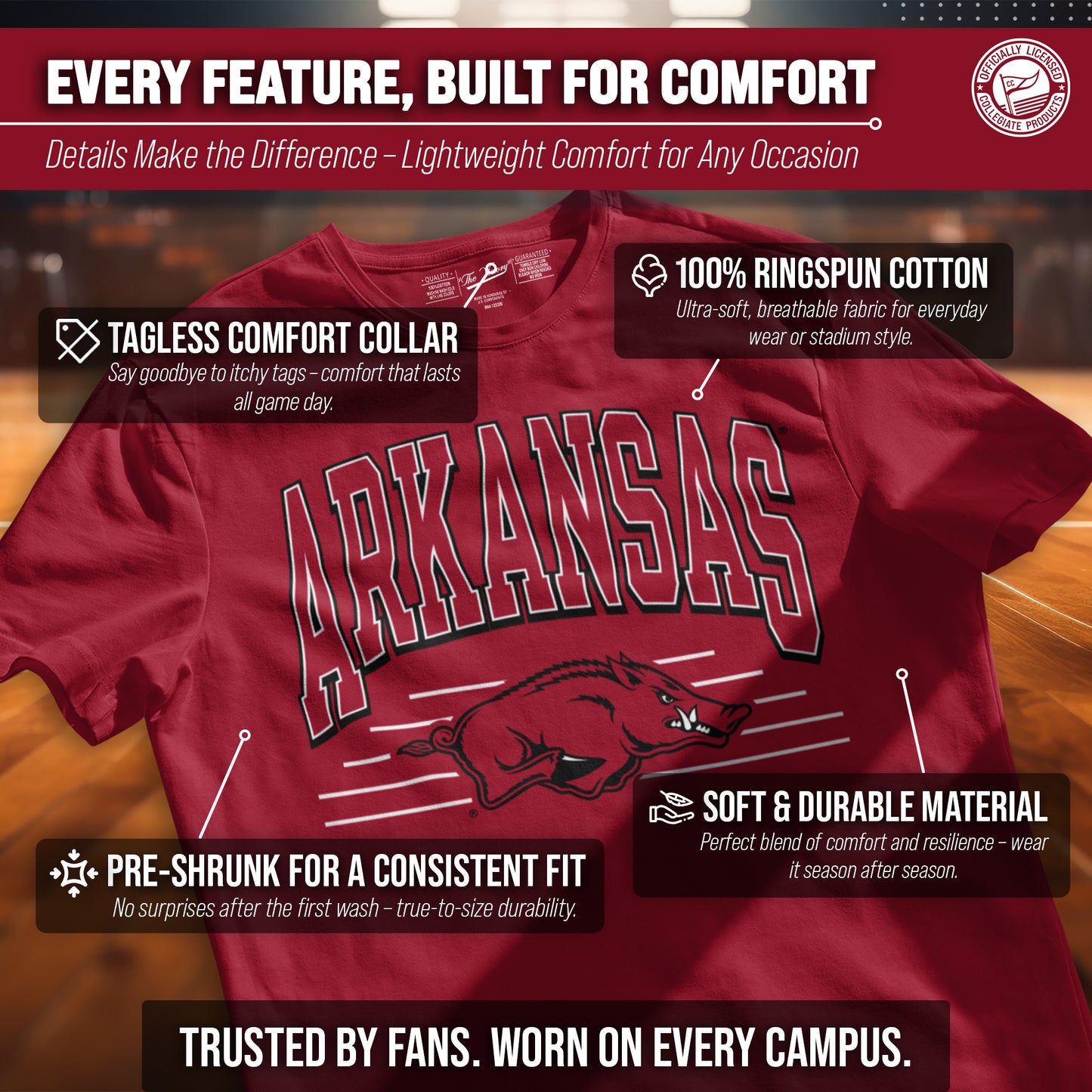 Arkansas Razorbacks NCAA Adult Unisex Overtime Classics T-Shirt - Cardinal