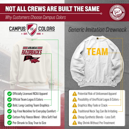 Arkansas Razorbacks NCAA Adult Unisex Varsity Club Pennant Crewneck Fleece Sweatshirt - Off White