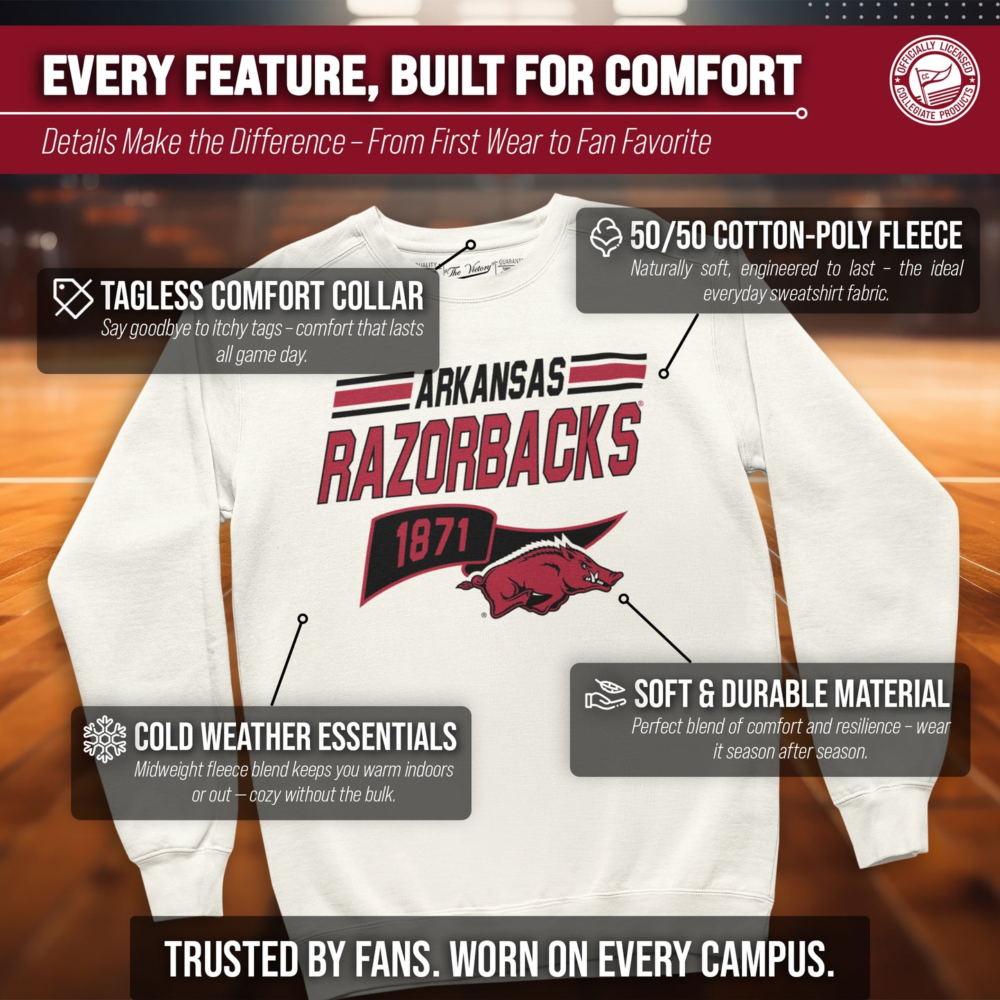 Arkansas Razorbacks NCAA Adult Unisex Varsity Club Pennant Crewneck Fleece Sweatshirt - Off White