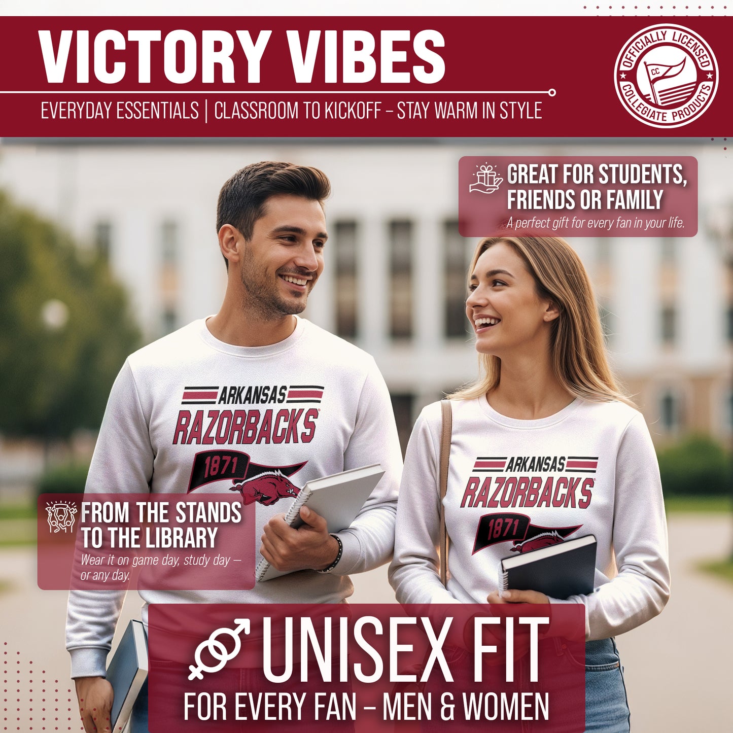 Arkansas Razorbacks NCAA Adult Unisex Varsity Club Pennant Crewneck Fleece Sweatshirt - Off White