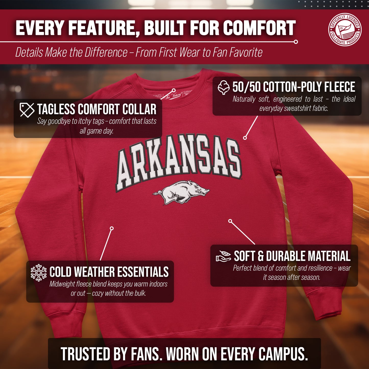 Arkansas Razorbacks NCAA Adult Tackle Twill Crewneck Sweatshirt - Cardinal