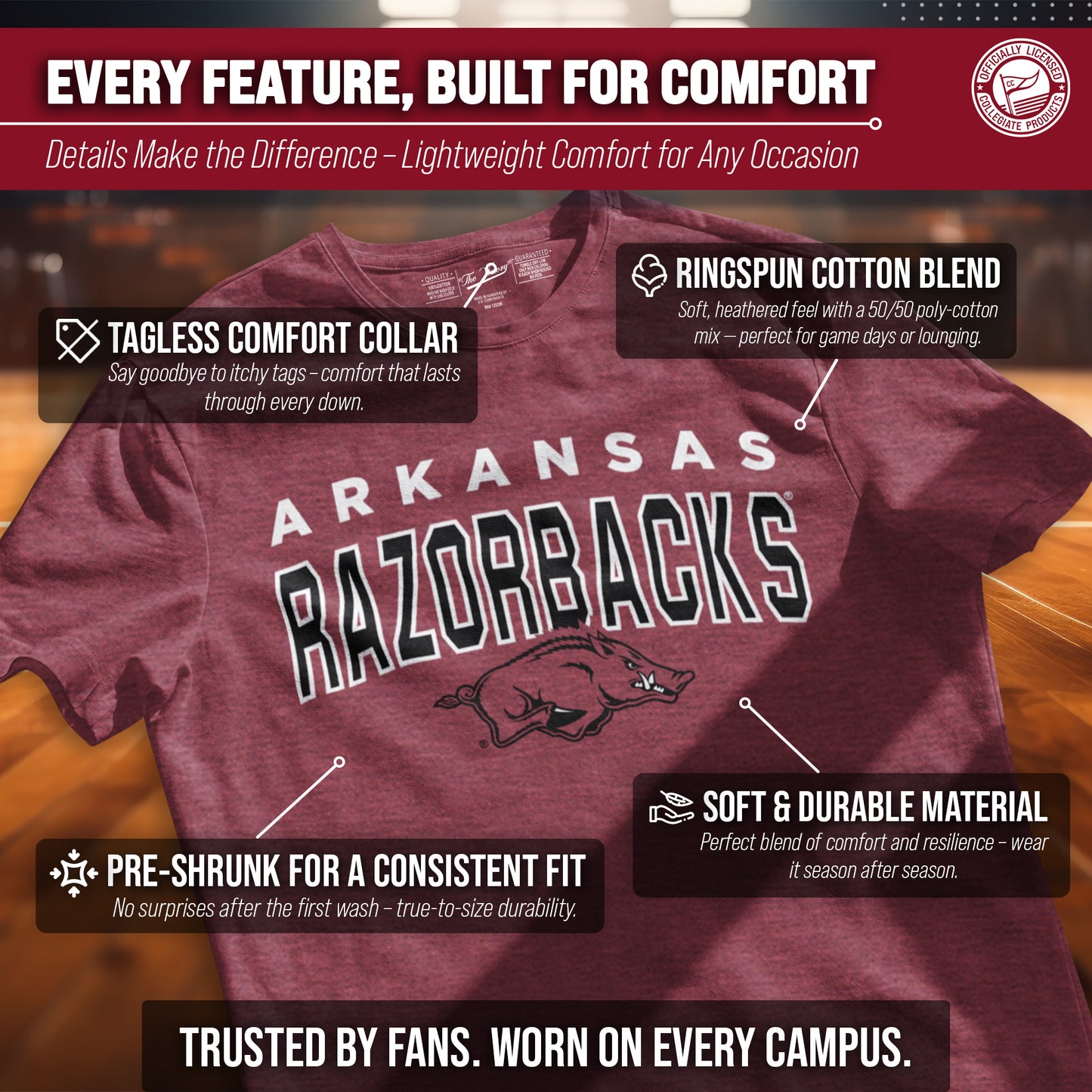 Arkansas Razorbacks NCAA Adult Unisex Starting Fresh T-Shirt - Cardinal Heather