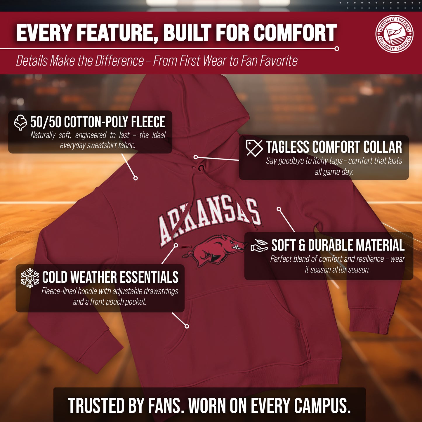 Arkansas Razorbacks Adult Arch & Logo Soft Style Gameday Hooded Sweatshirt - Cardinal