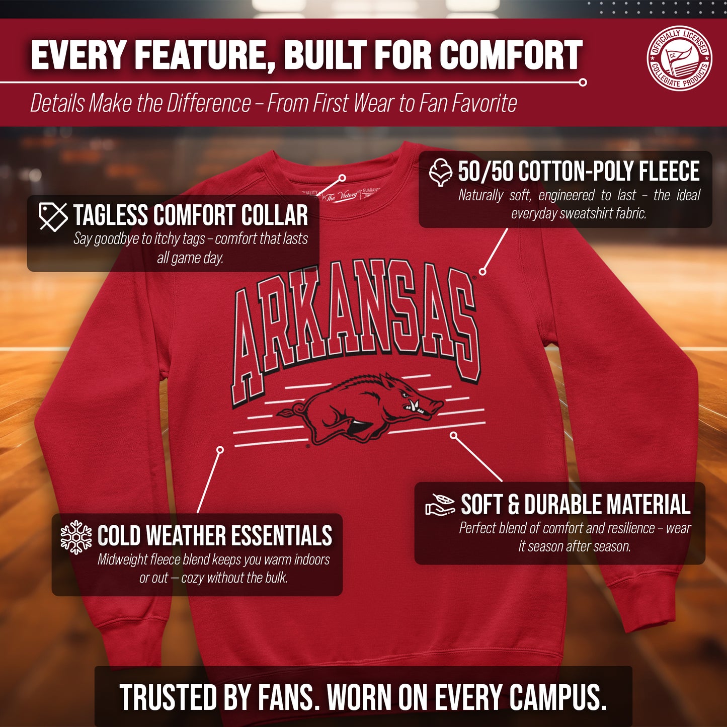 Arkansas Razorbacks NCAA Adult Unisex Overtime Classics Crewneck Fleece Sweatshirt - Cardinal