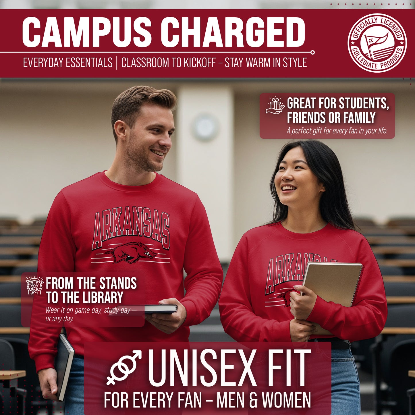 Arkansas Razorbacks NCAA Adult Unisex Overtime Classics Crewneck Fleece Sweatshirt - Cardinal