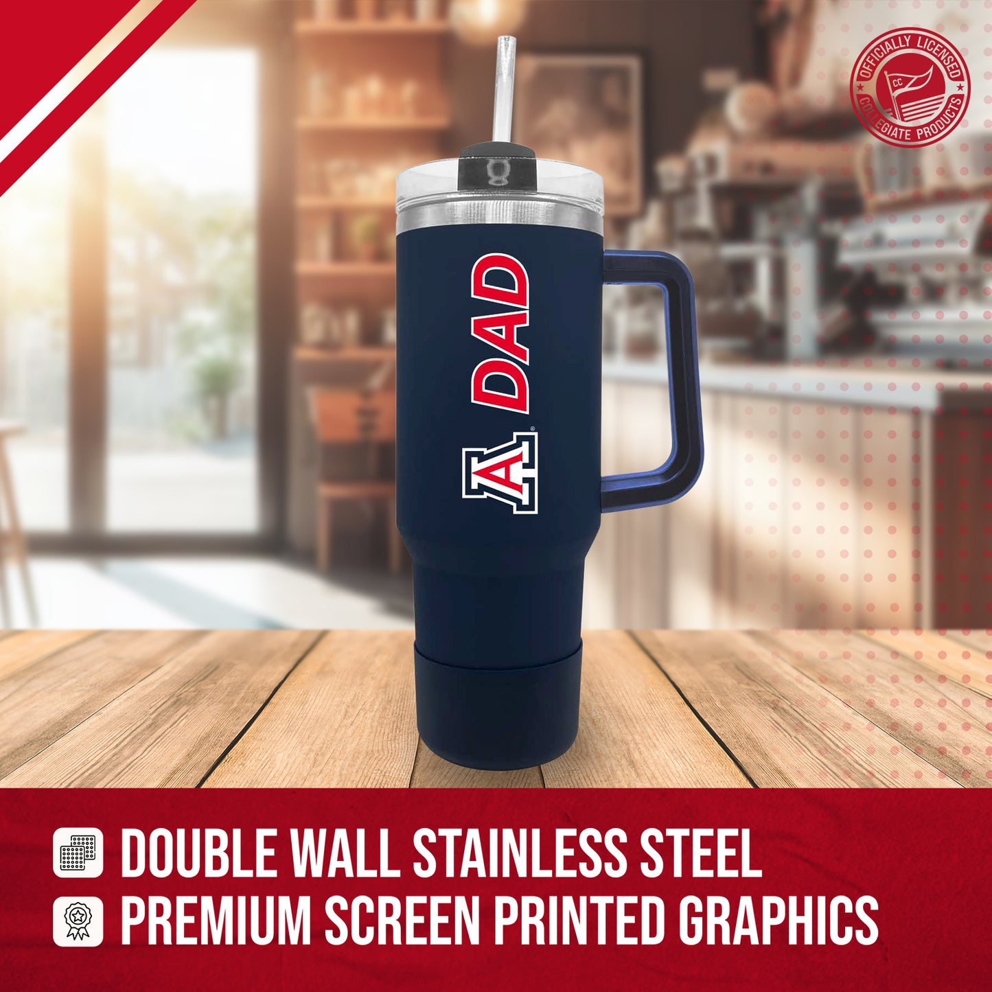 Arizona Wildcats Collegiate 40oz Stainless Steel Travel Tumbler with Handle for Dad - Navy