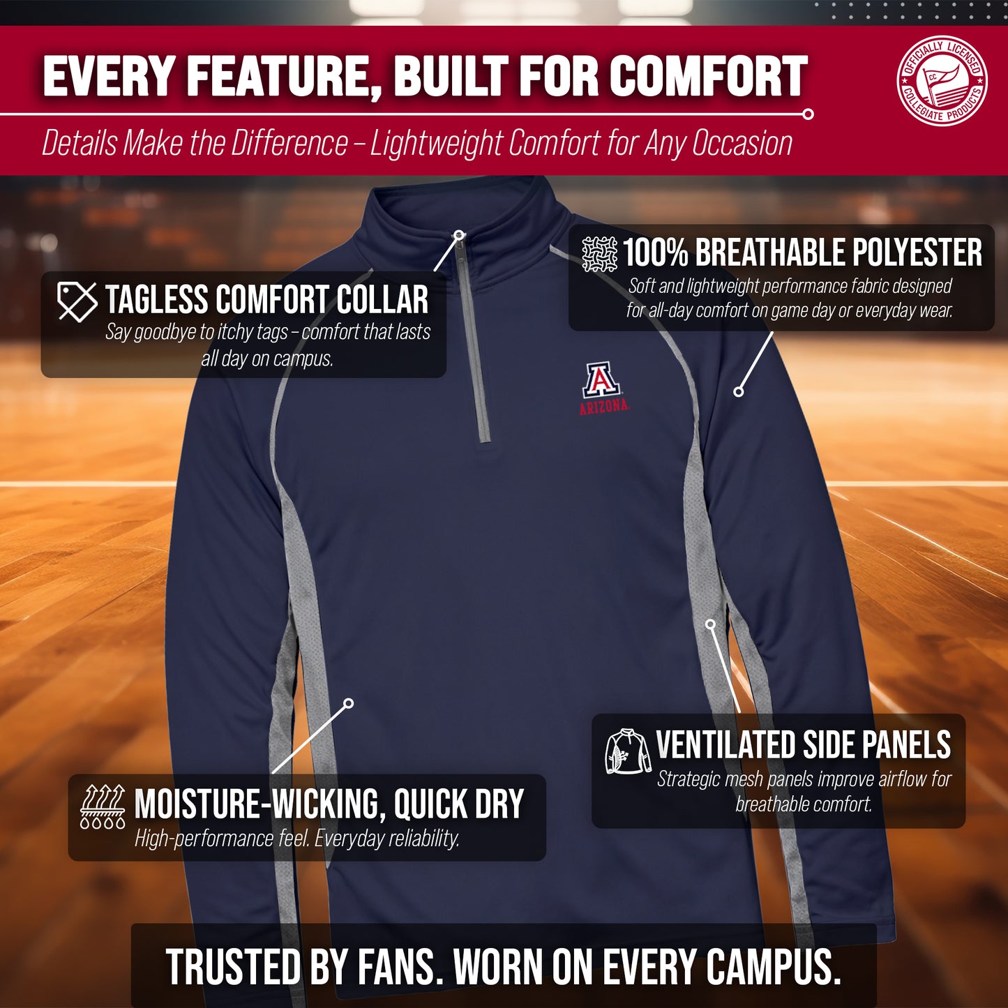 Arizona Wildcats Mens NCAA Campus Classic Long Sleeve 1/4 Zip Windshirt - Navy