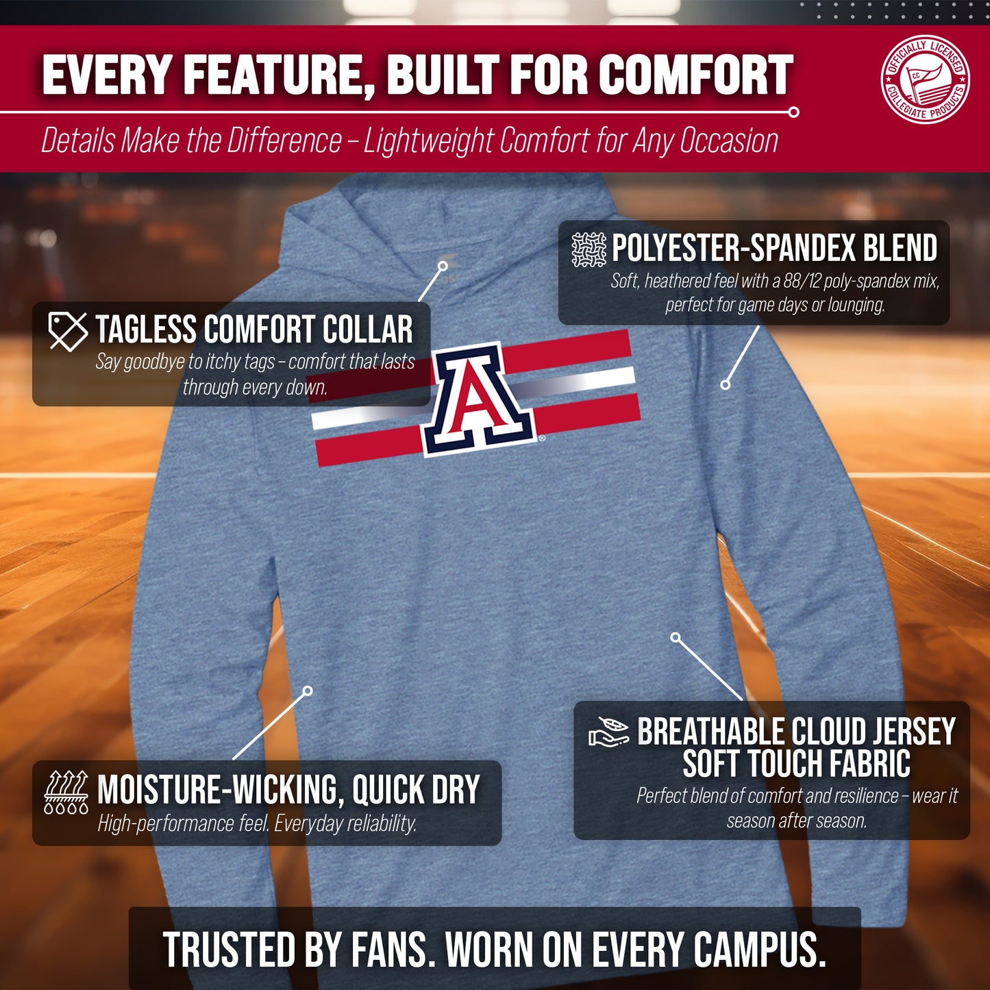 Arizona Wildcats NCAA Unisex Scholarship Cloud Jersey Performance Hooded Long Sleeve Tee - Navy Heather