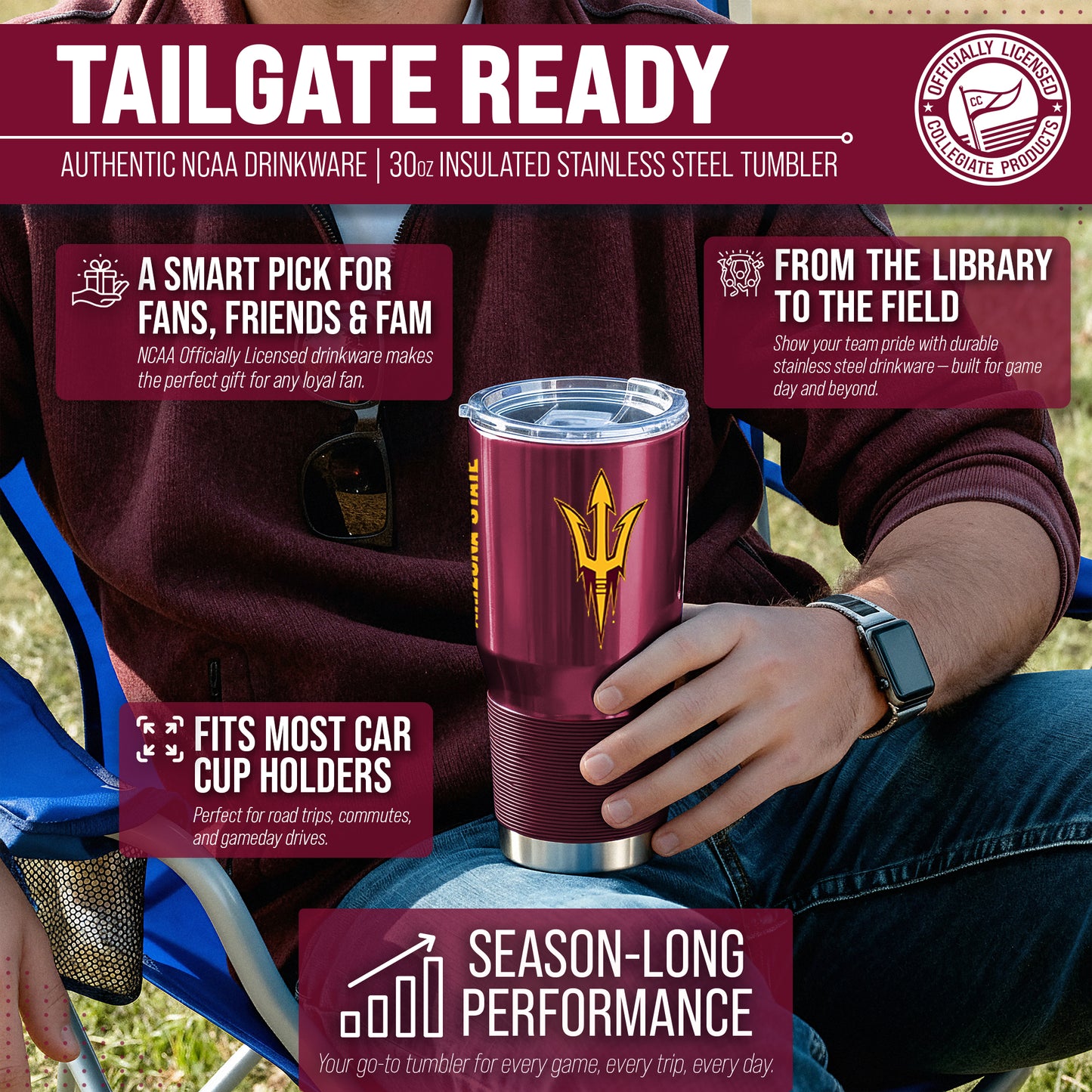 Arizona State Sun Devils NCAA University 30oz Stainless Steel Vacuum Insulated Game Day Tumbler with Silicone Grip - Maroon
