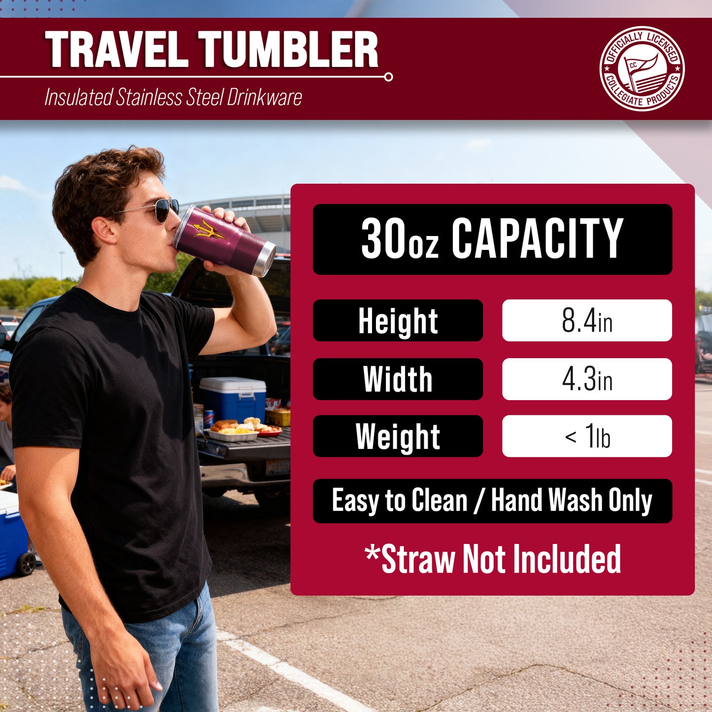 Arizona State Sun Devils NCAA University 30oz Stainless Steel Vacuum Insulated Game Day Tumbler with Silicone Grip - Maroon
