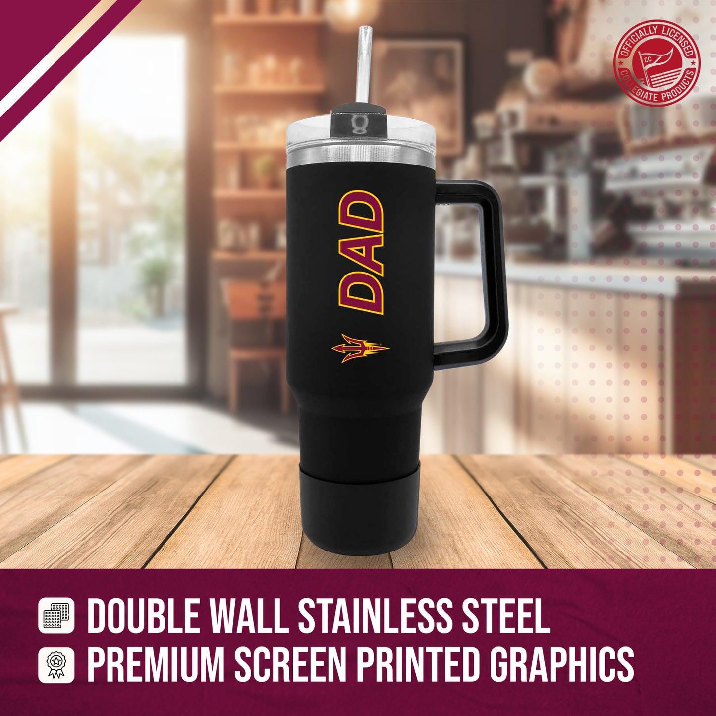 Arizona State Sun Devils Collegiate 40oz Stainless Steel Travel Tumbler with Handle for Dad - Black