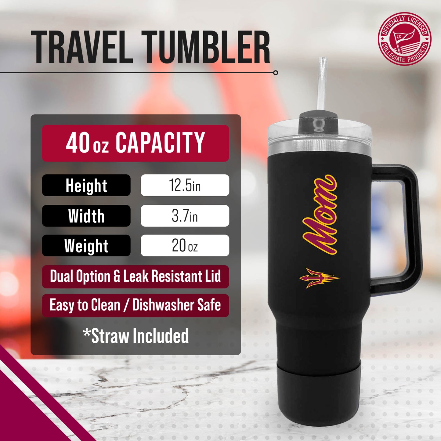 Arizona State Sun Devils Collegiate 40oz Stainless Steel Travel Tumbler with Handle for Mom - Black
