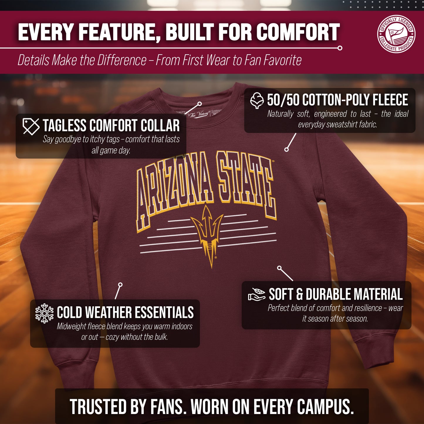 Arizona State Sun Devils NCAA Adult Unisex Overtime Classics Crewneck Fleece Sweatshirt - Maroon