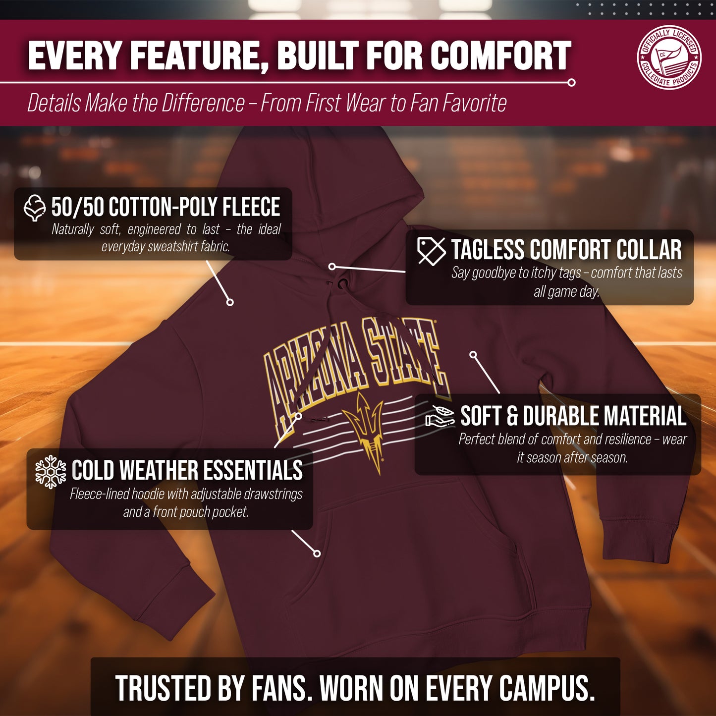Arizona State Sun Devils NCAA Adult Unisex Overtime Classics Hooded Fleece Sweatshirt - Maroon