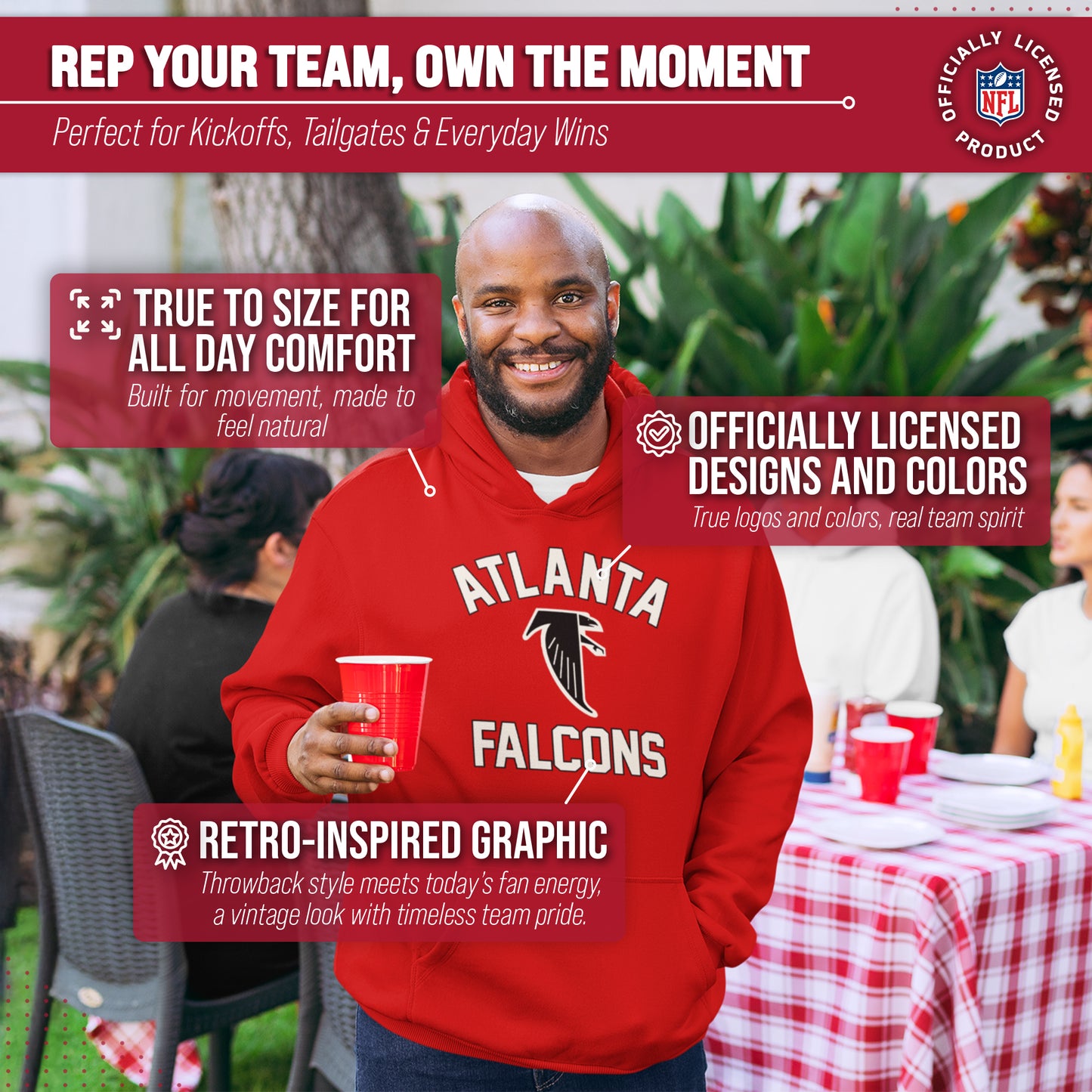 Atlanta Falcons NFL Adult Unisex Retro Gameday Ultra Soft Fleece Hooded Sweatshirt - Red