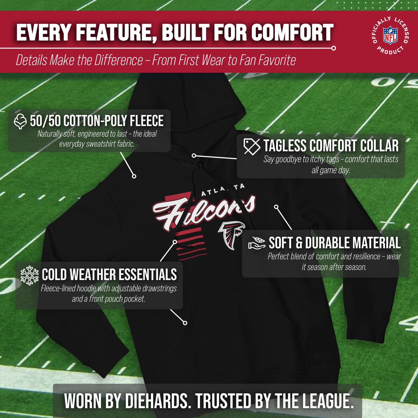 Atlanta Falcons NFL Adult Unisex Retro Script Ultra Soft Fleece Hooded Sweatshirt - Black