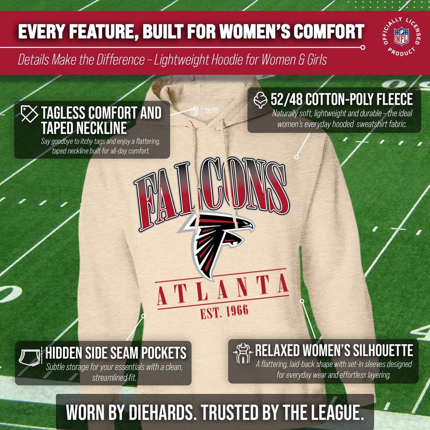 Atlanta Falcons Ladies NFL Starstruck Fleece Pullover Hooded Sweatshirt - Cream