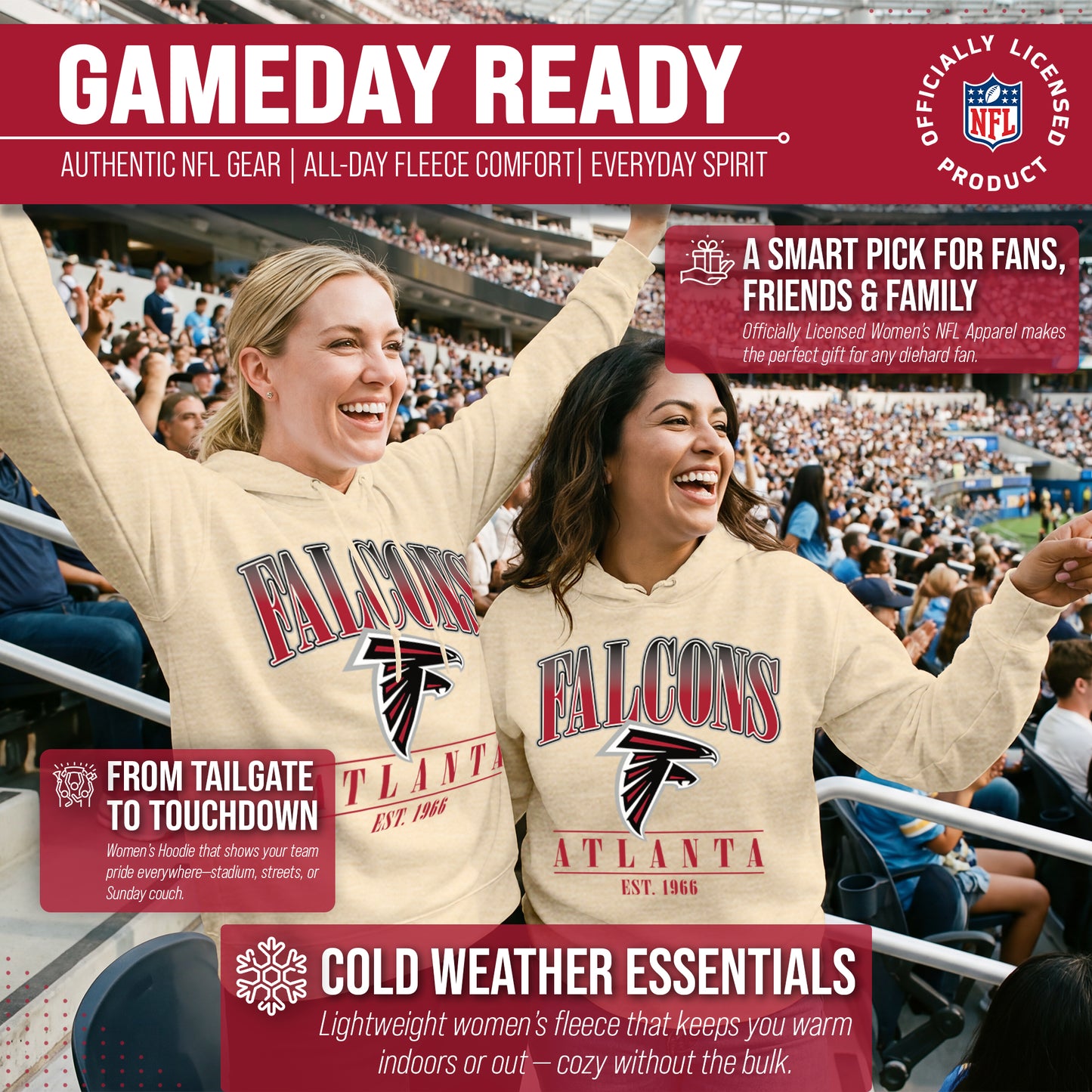 Atlanta Falcons Ladies NFL Starstruck Fleece Pullover Hooded Sweatshirt - Cream