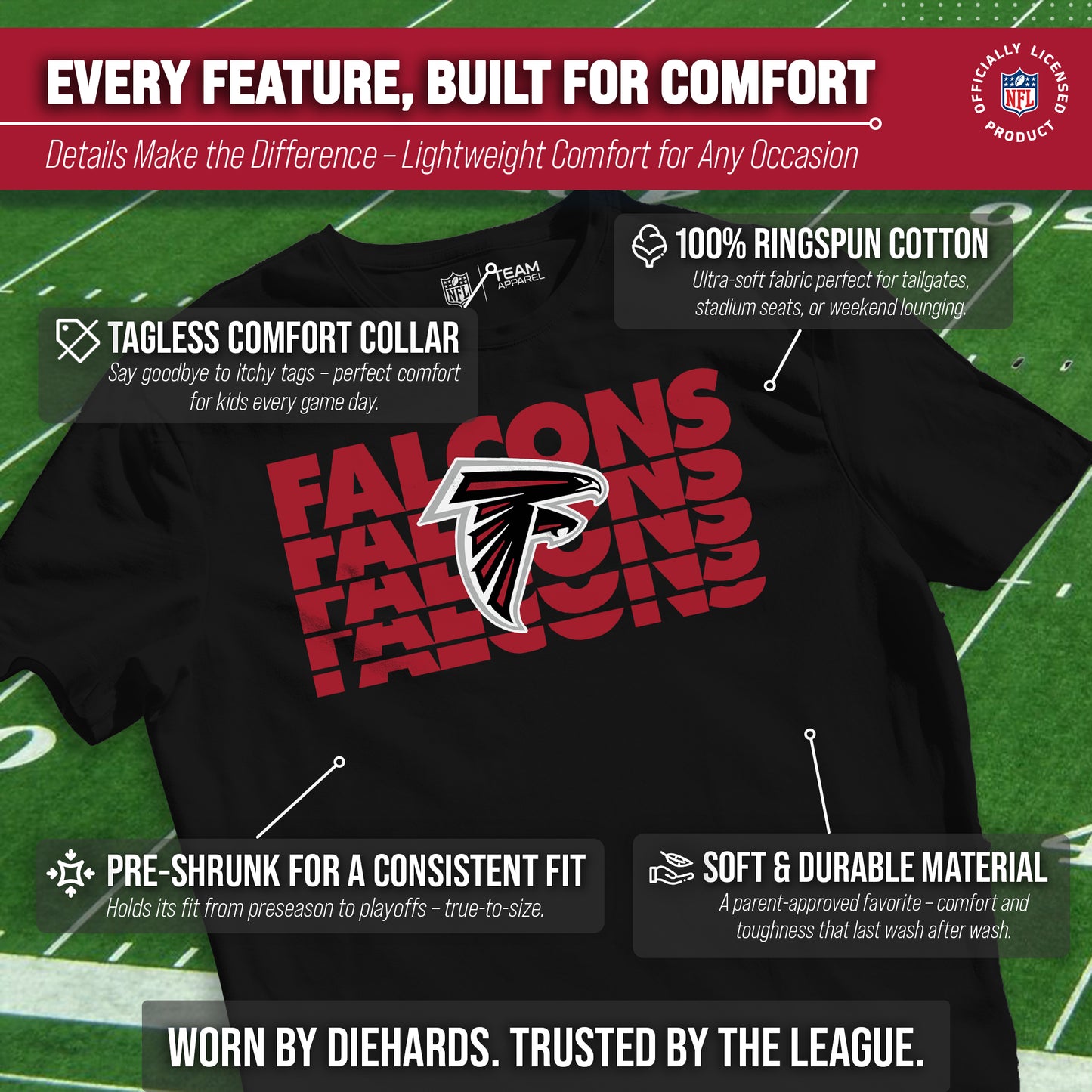 Atlanta Falcons NFL Youth Repeating Logo Football T-Shirt Unisex Tag Free Comfortable - Black
