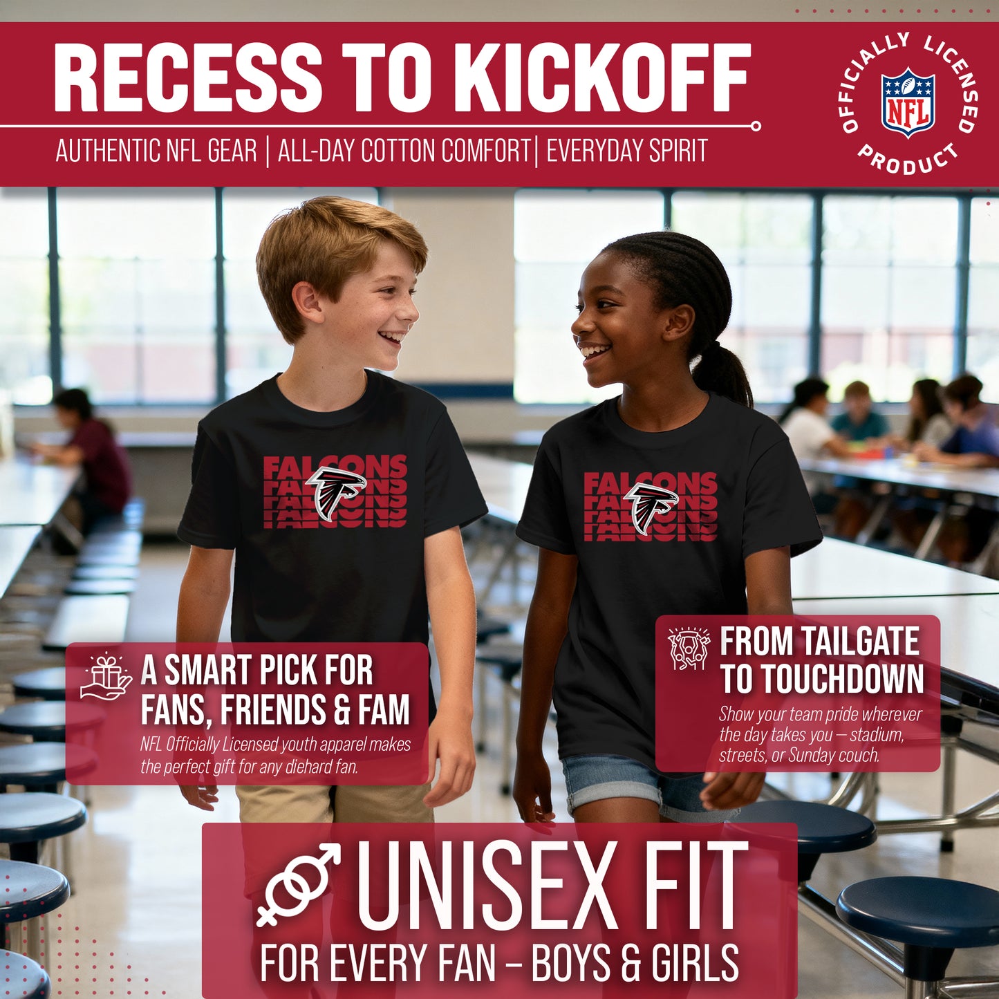 Atlanta Falcons NFL Youth Repeating Logo Football T-Shirt Unisex Tag Free Comfortable - Black