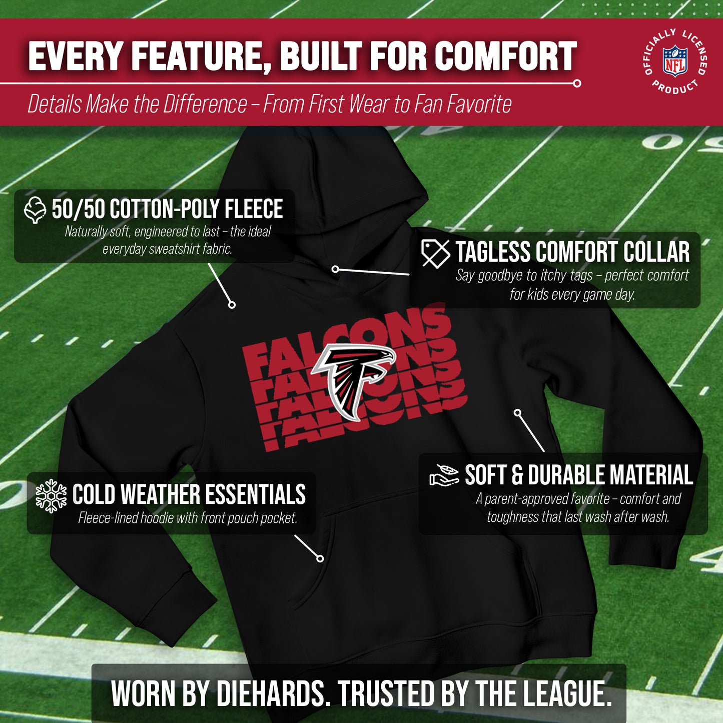 Atlanta Falcons NFL Youth Repeating Logo Football Fleece Hooded Sweatshirt - Black