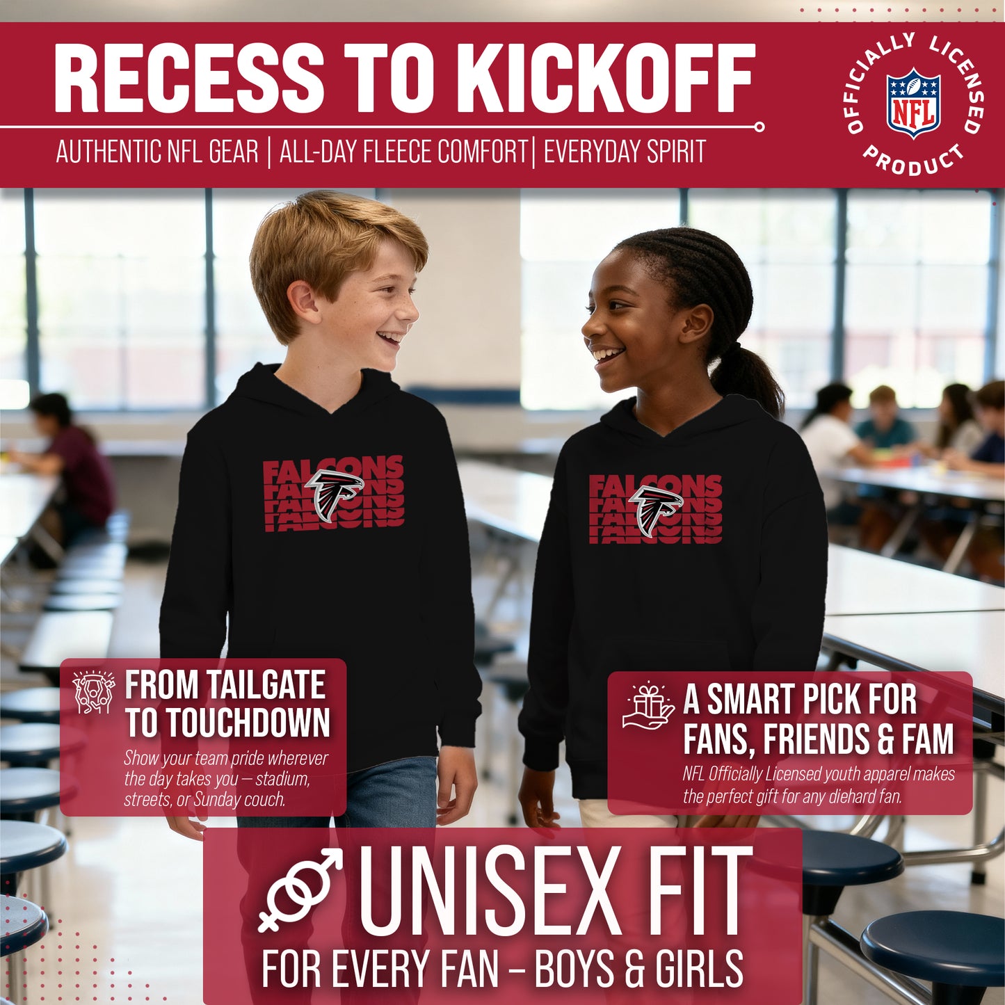 Atlanta Falcons NFL Youth Repeating Logo Football Fleece Hooded Sweatshirt - Black