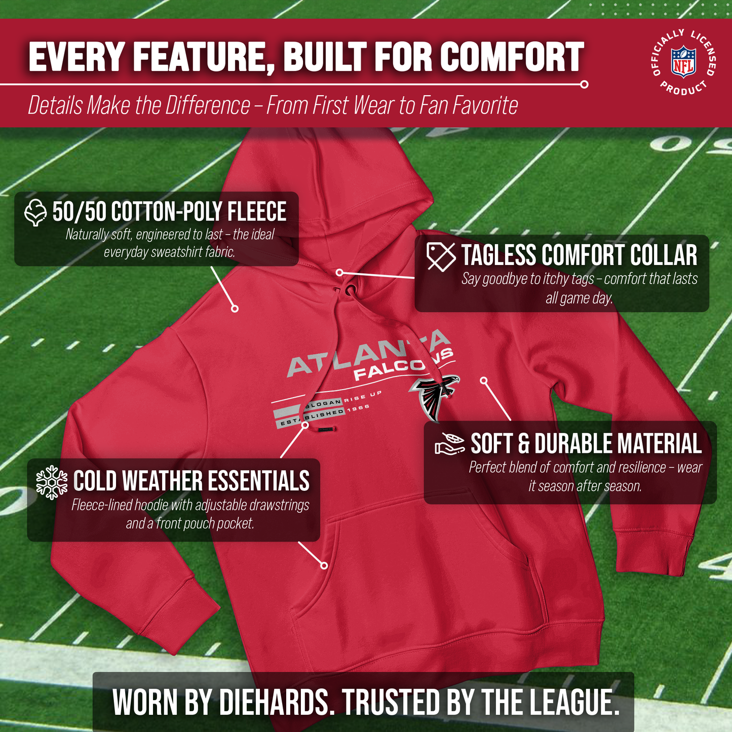 Atlanta Falcons Adult NFL Speed Stat Sheet Fleece Hooded Sweatshirt - Red