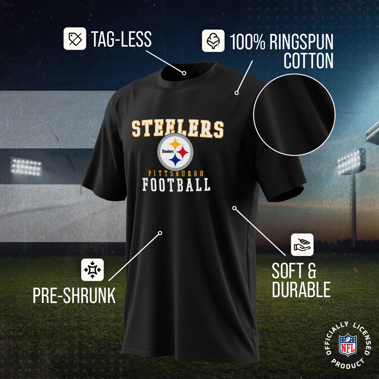 Pittsburgh Steelers NFL Core Fan Adult Pro Football T-Shirt - Black
