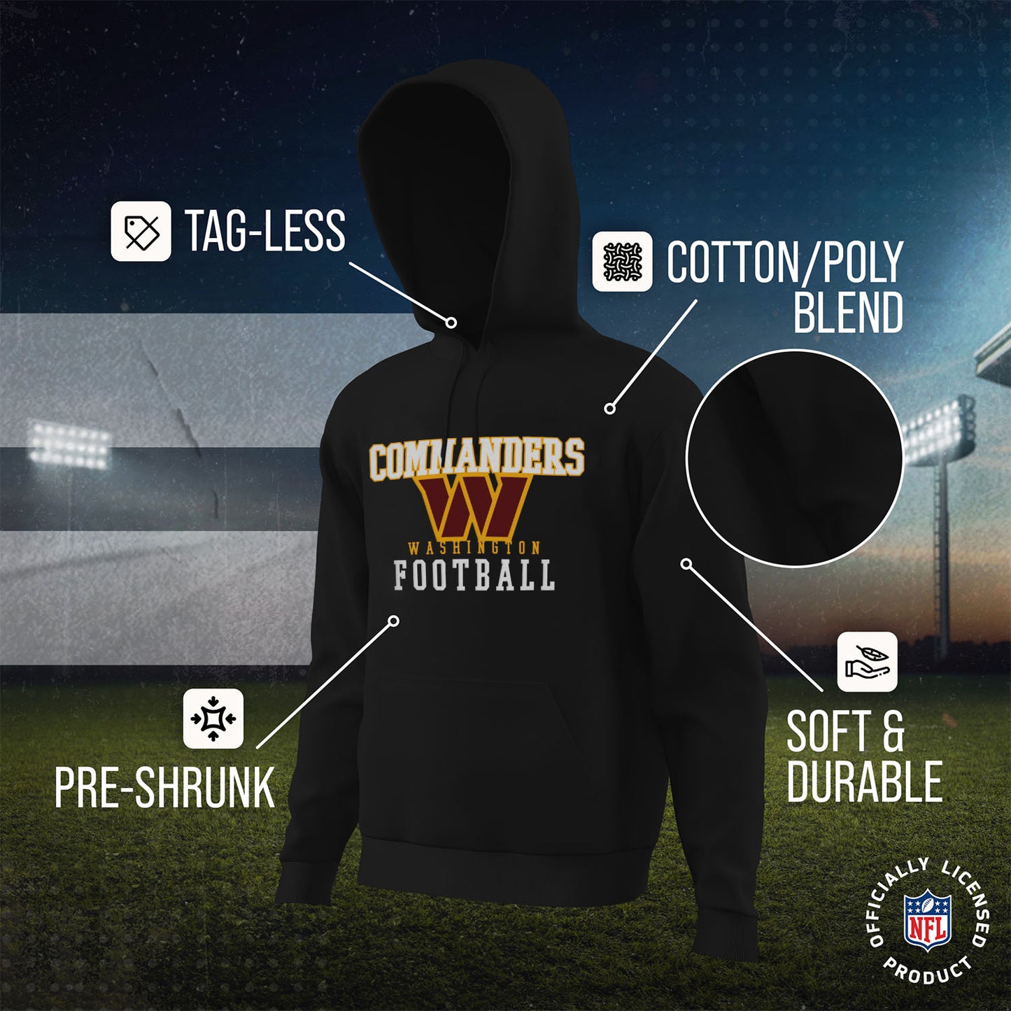 Washington Commanders NFL Core Fan Adult Hooded Sweatshirt - Black