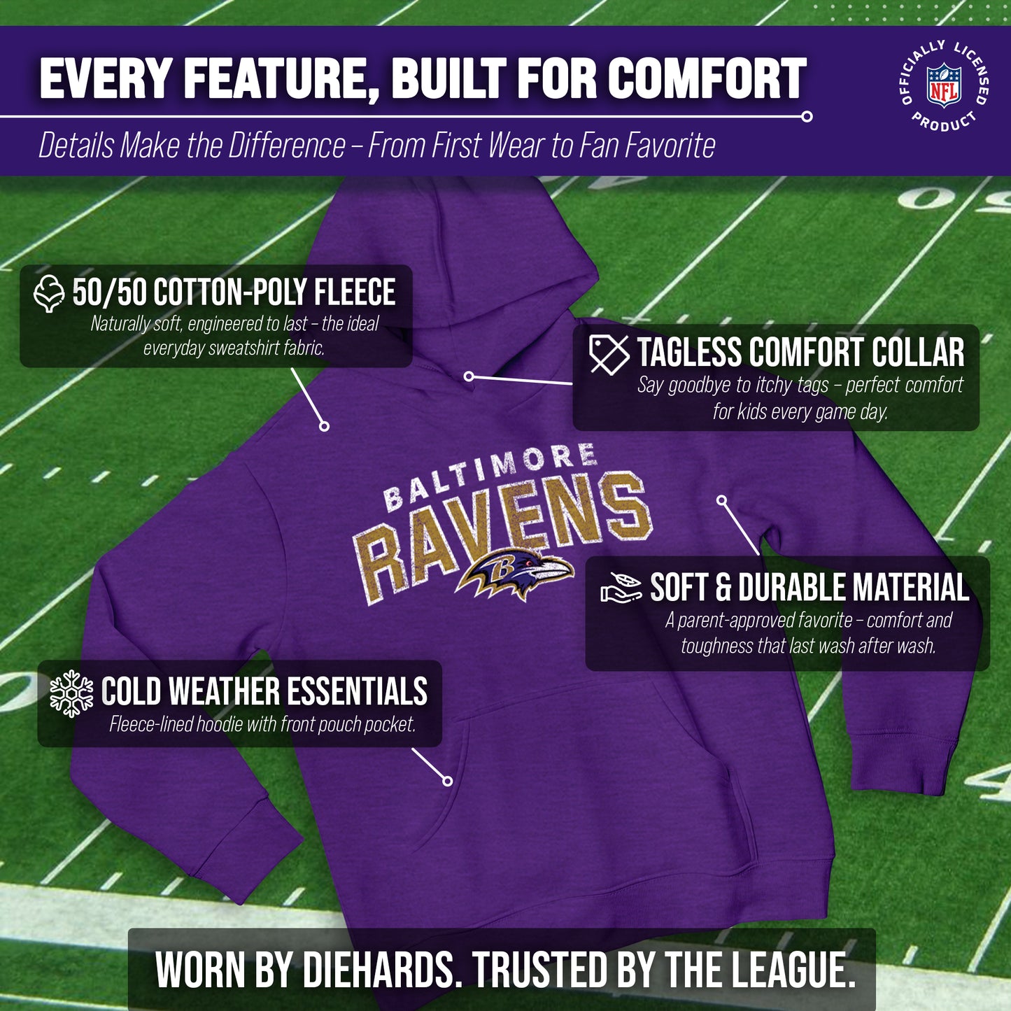Baltimore Ravens NFL Youth Starting Fresh Hoodie- Pro Football Sweatshirt for Boys and Girls - Purple