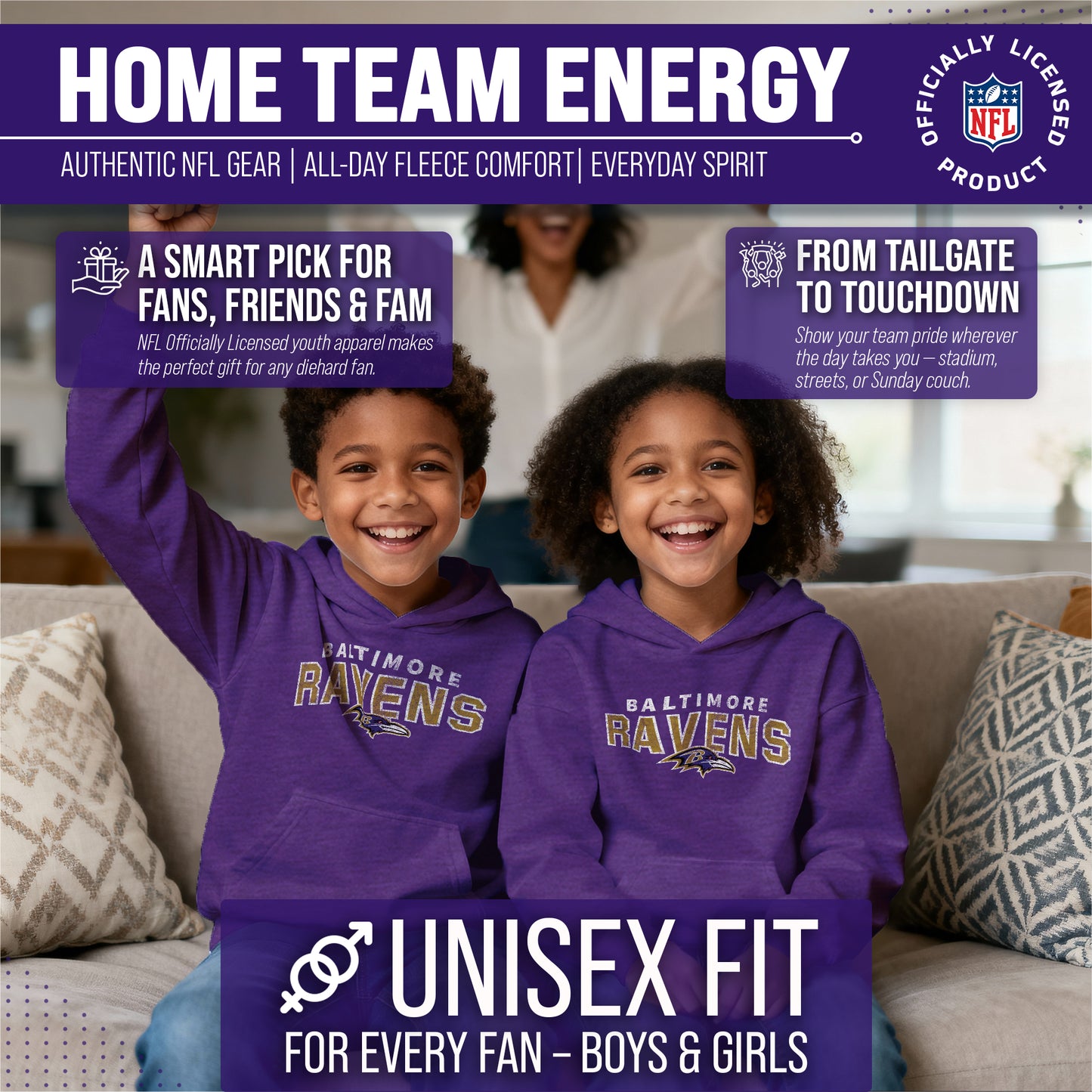 Baltimore Ravens NFL Youth Starting Fresh Hoodie- Pro Football Sweatshirt for Boys and Girls - Purple