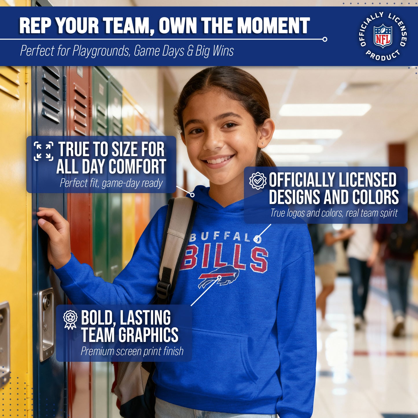 Buffalo Bills NFL Youth Starting Fresh Hoodie- Pro Football Sweatshirt for Boys and Girls - Royal