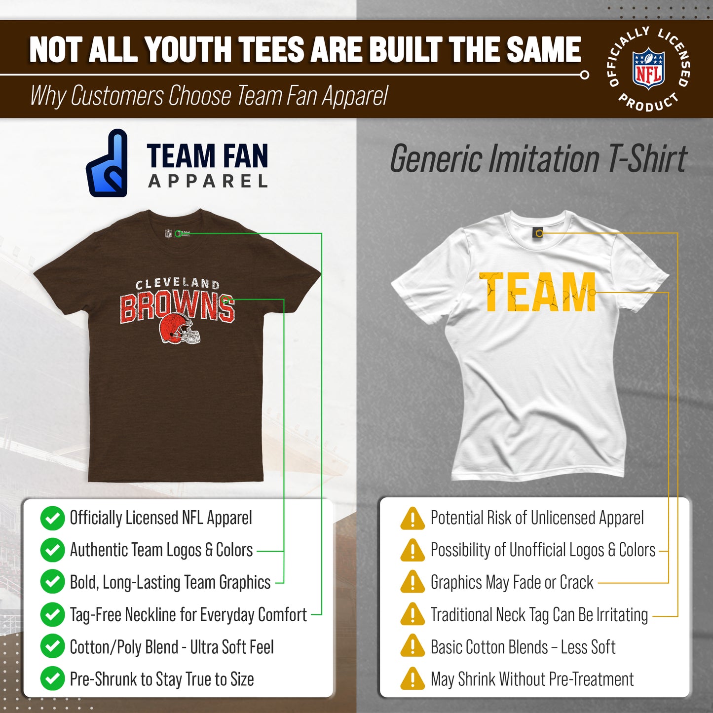 Cleveland Browns NFL Youth Starting Fresh Tee- Pro Football Heather T-Shirt For Boys & Girls - Brown