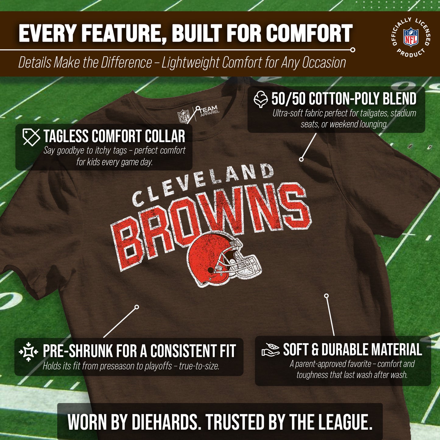 Cleveland Browns NFL Youth Starting Fresh Tee- Pro Football Heather T-Shirt For Boys & Girls - Brown