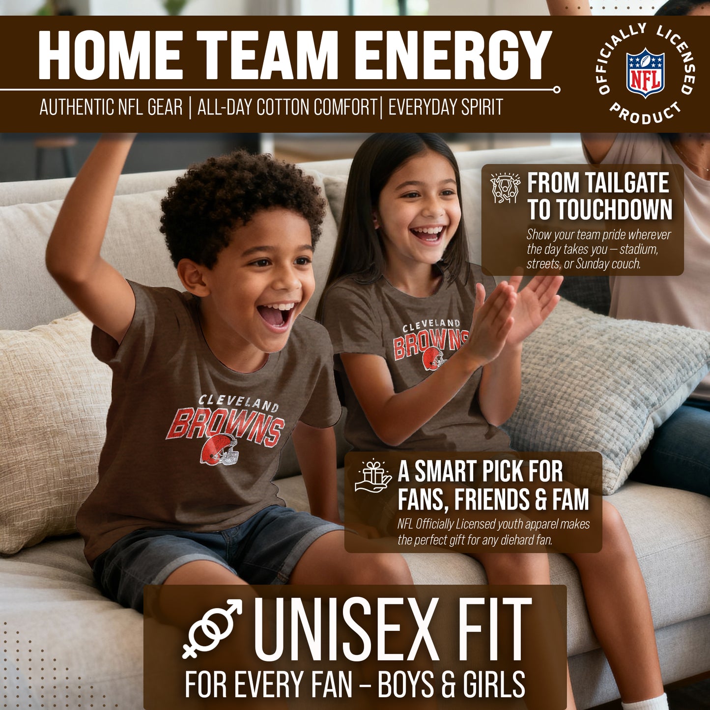 Cleveland Browns NFL Youth Starting Fresh Tee- Pro Football Heather T-Shirt For Boys & Girls - Brown