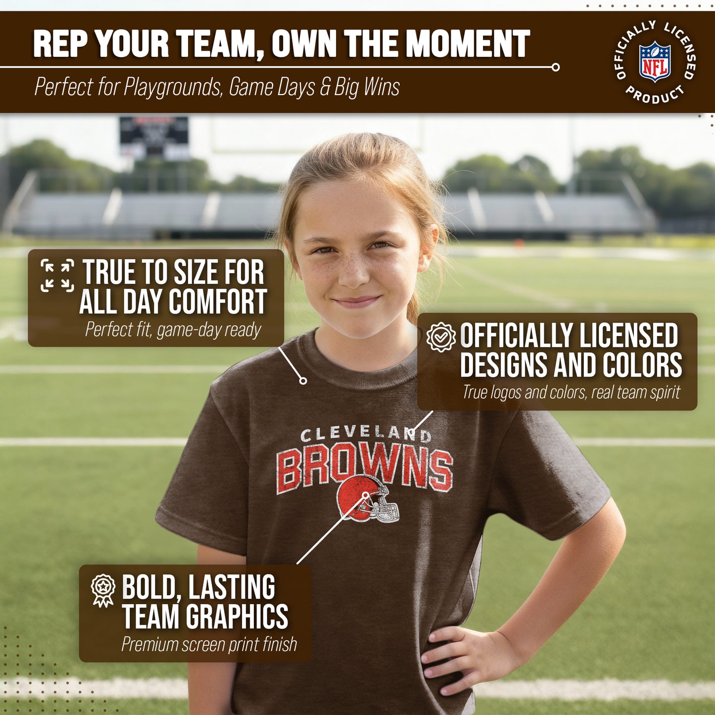 Cleveland Browns NFL Youth Starting Fresh Tee- Pro Football Heather T-Shirt For Boys & Girls - Brown