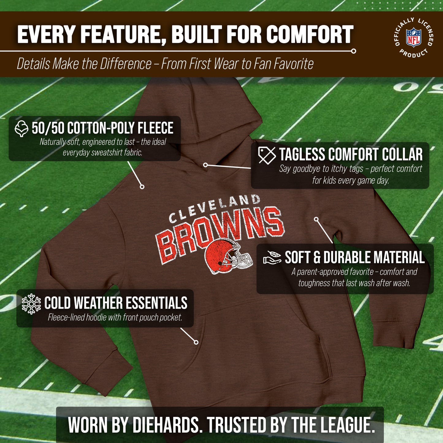 Cleveland Browns NFL Youth Starting Fresh Hoodie- Pro Football Sweatshirt for Boys and Girls - Brown