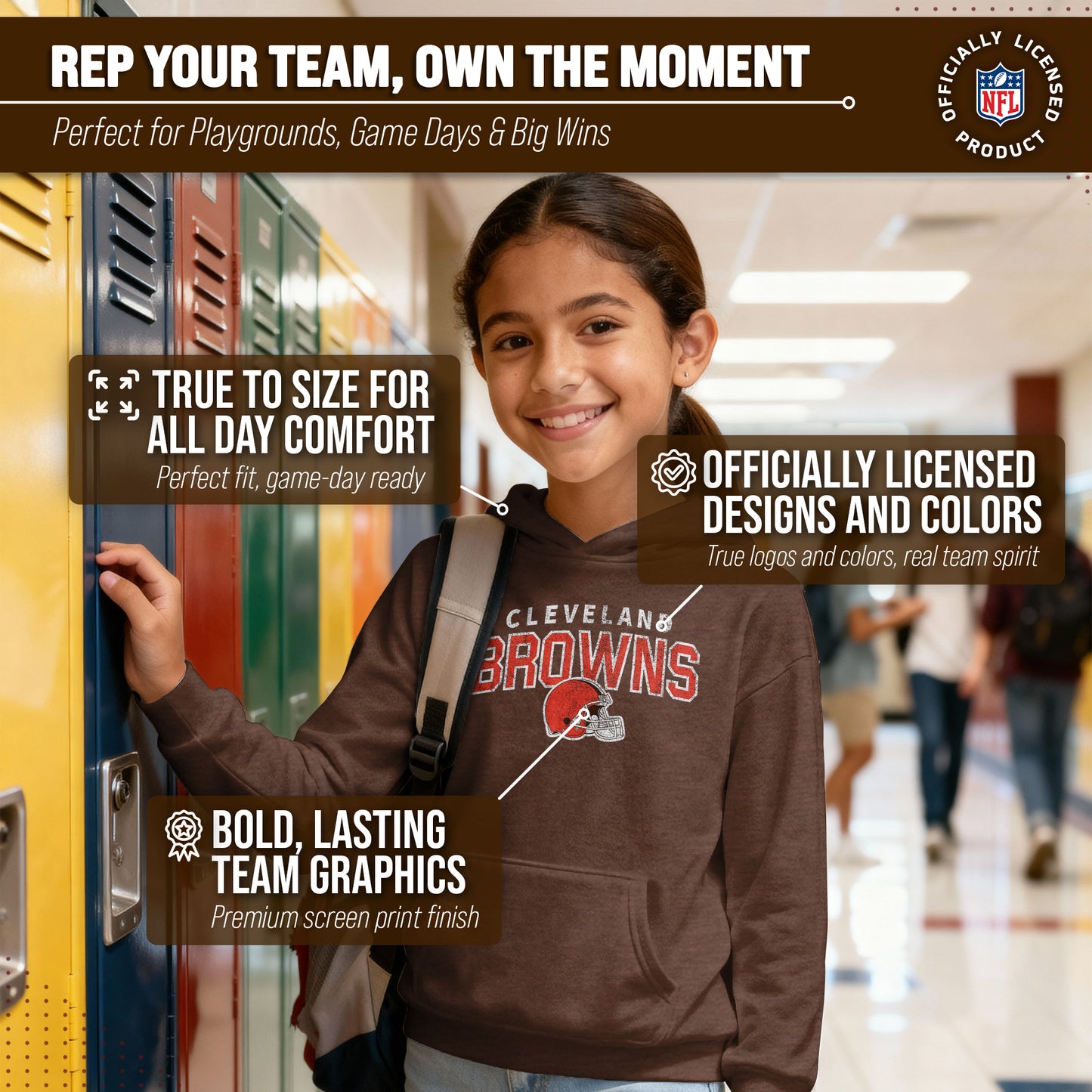 Cleveland Browns NFL Youth Starting Fresh Hoodie- Pro Football Sweatshirt for Boys and Girls - Brown