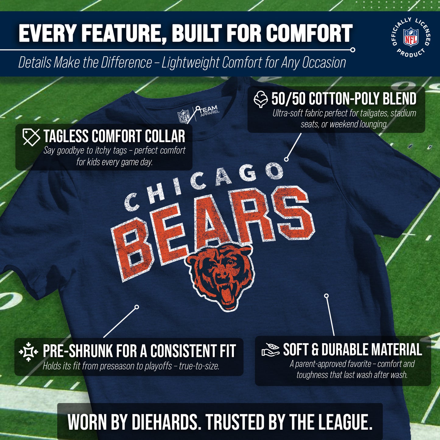 Chicago Bears NFL Youth Starting Fresh Tee- Pro Football Tag-Less T-Shirt For Boys & Girls - Navy