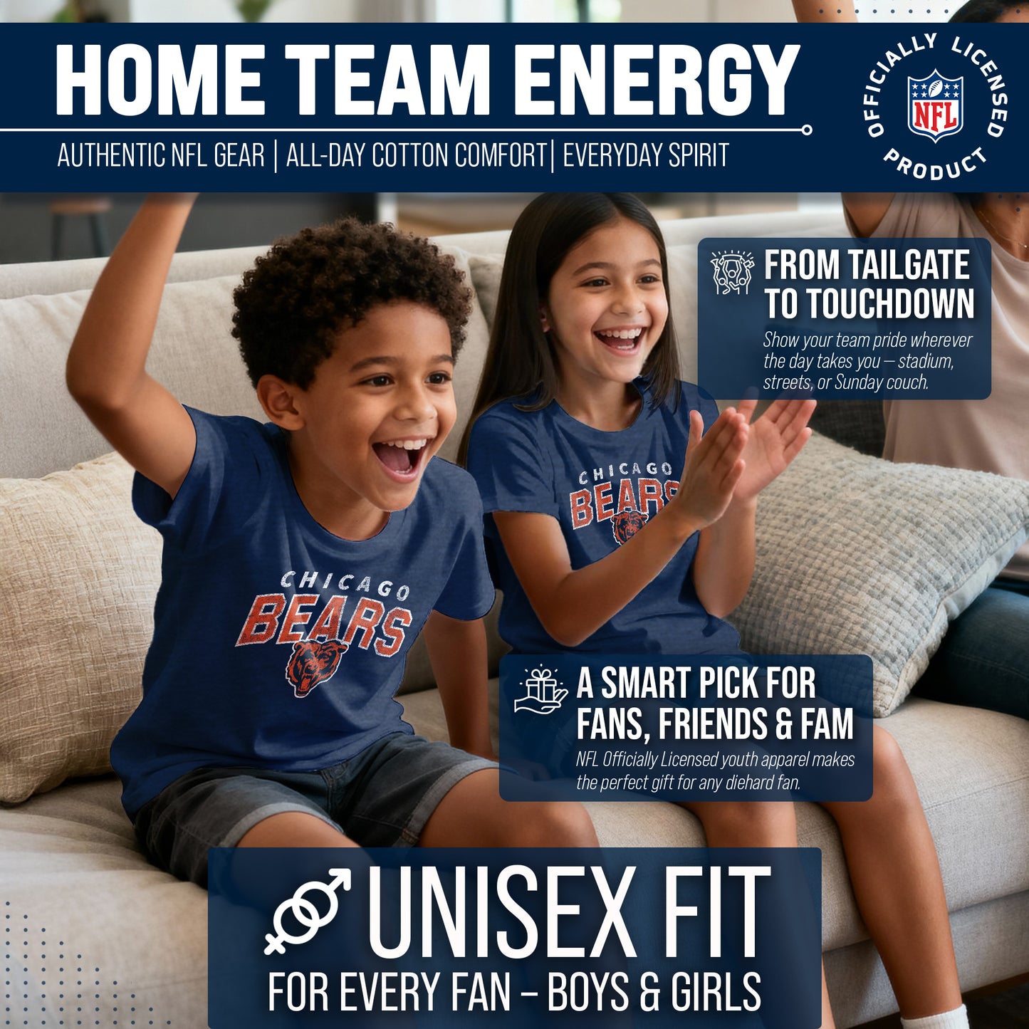 Chicago Bears NFL Youth Starting Fresh Tee- Pro Football Tag-Less T-Shirt For Boys & Girls - Navy