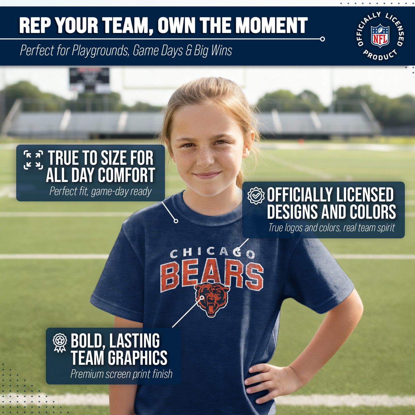 Chicago Bears NFL Youth Starting Fresh Tee- Pro Football Tag-Less T-Shirt For Boys & Girls - Navy