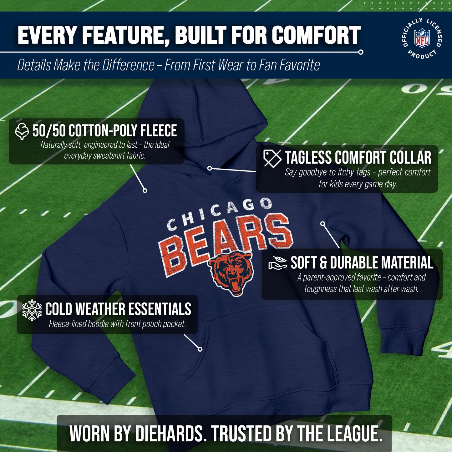 Chicago Bears NFL Youth Starting Fresh Hoodie- Pro Football Sweatshirt for Boys and Girls - Navy