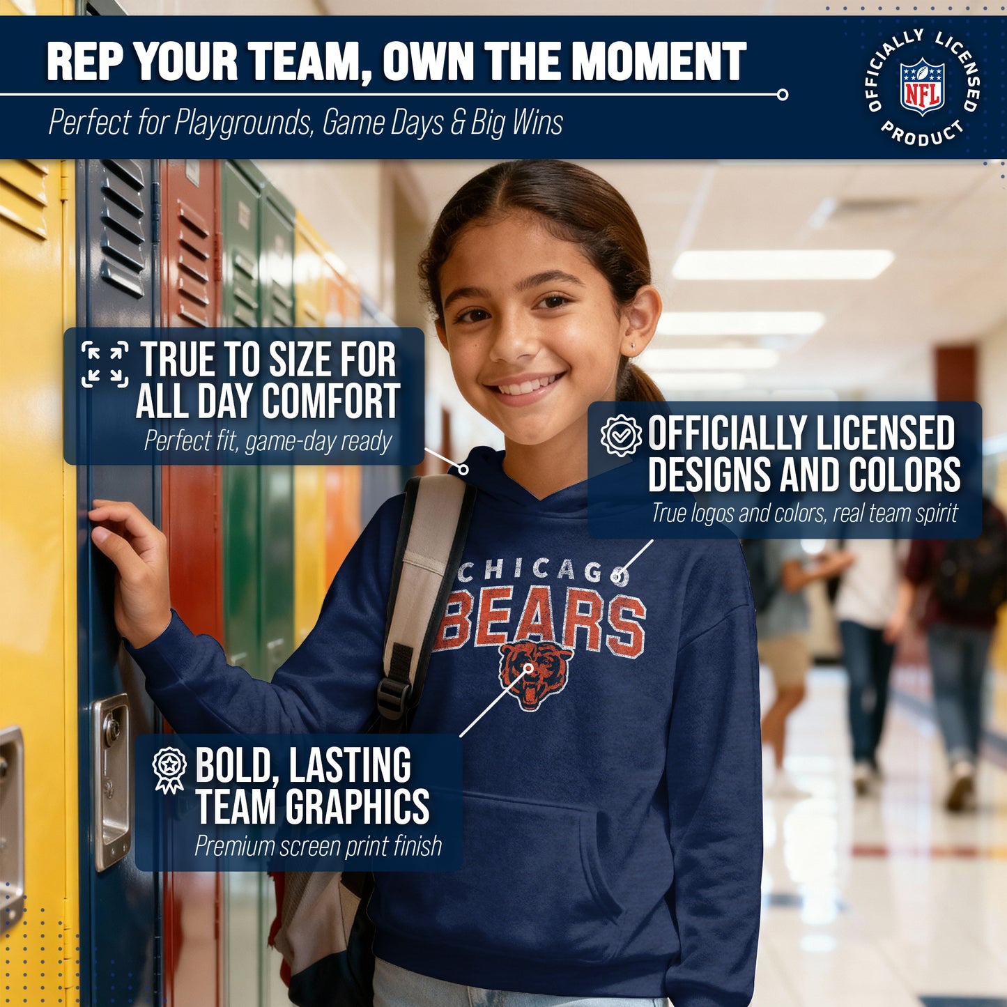 Chicago Bears NFL Youth Starting Fresh Hoodie- Pro Football Sweatshirt for Boys and Girls - Navy